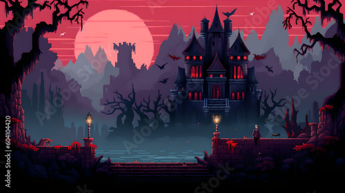 RPG Gaming Battle Scene Vampire Castle Dungeon in Pixel 8bits 16bits 32 bits Style