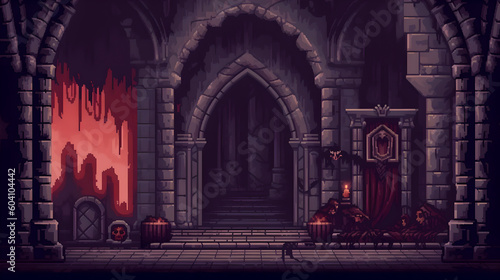 RPG Gaming Battle Scene Vampire Castle Dungeon in Pixel 8bits 16bits 32 bits Style