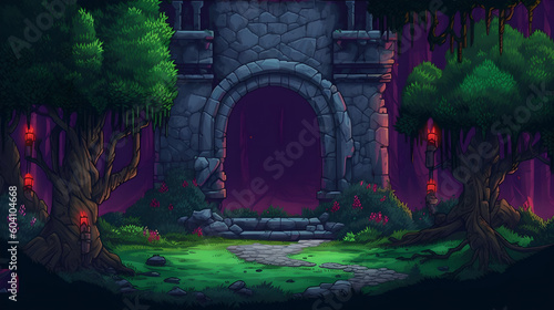 RPG Gaming Battle Scene Forest Dungeon in Pixel 8bits 16bits 32 bits Style
