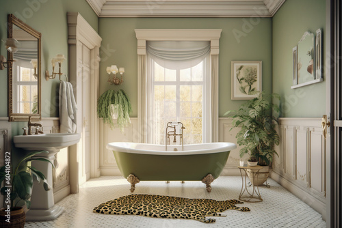 Modern cozy bathroom  classic interior design with pastel colors and animal leopard print. Super photo realistic background  generative ai illustration