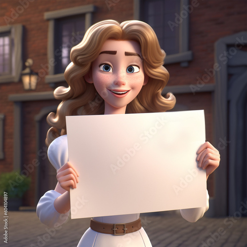 giovane ragazza in stile 3d cartoon mostra un grande biglietto da visita rettangolare bianco dove puoi inserire ciò che desideri