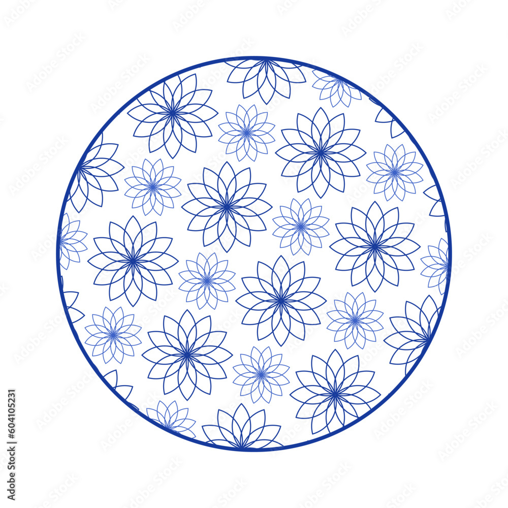 Porcelain plate with traditional blue on white design in Asian style. design pattern for background, plate, dish, bowl, lid, tray, salver, vector illustration art embroidery. blooming flower plate. Porcelain plate with traditional blue on white design in Asian style. design pattern for background, plate, dish, bowl, lid, tray, salver, vector illustration art embroidery. blooming flower plate.