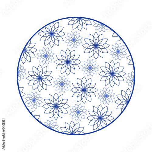 Porcelain plate with traditional blue on white design in Asian style. design pattern for background, plate, dish, bowl, lid, tray, salver, vector illustration art embroidery. blooming flower plate.