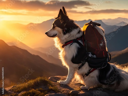 Dog with a backpack in the mountains. ai generative © Anna