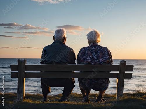 Tableau sur toile elderly couple sitting on a bench by the ocean at sunset