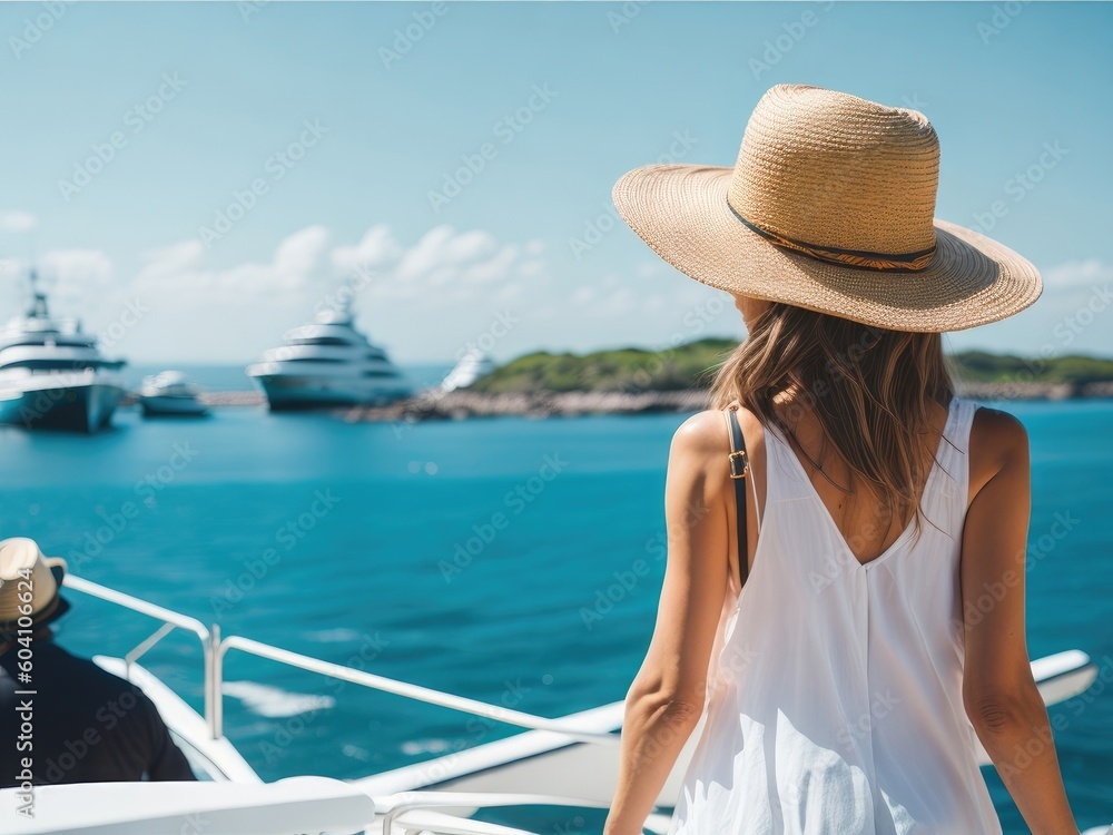 Fototapeta premium girl in a hat on a yacht back view. ai generative