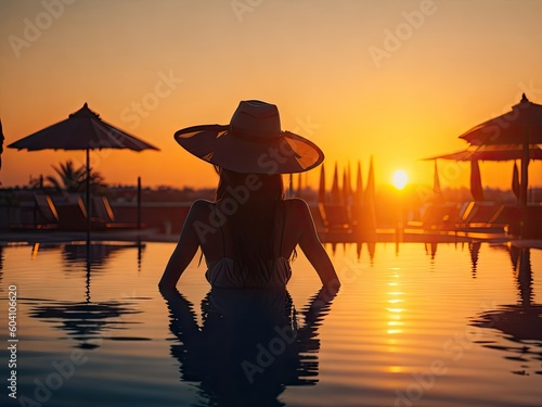 Woman relaxing by the pool in a luxury hotel on sunset. ai generative