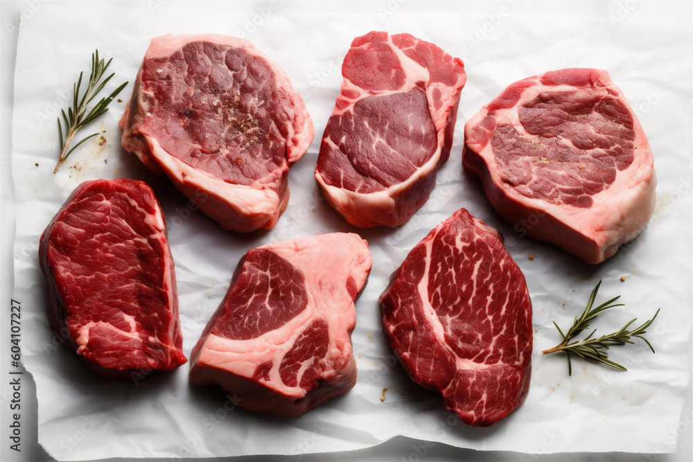 Fresh raw steak meat, on white marble tabletop Fresh raw steak meat, on white marble tabletop
