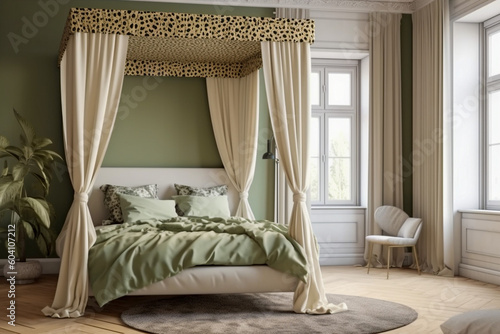 Modern cozy bedroom, classic interior design with pastel colors and animal leopard print. Super photo realistic background, generative ai illustration