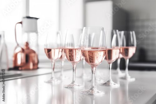 Closeup glasses of pink champagne, on a dining table