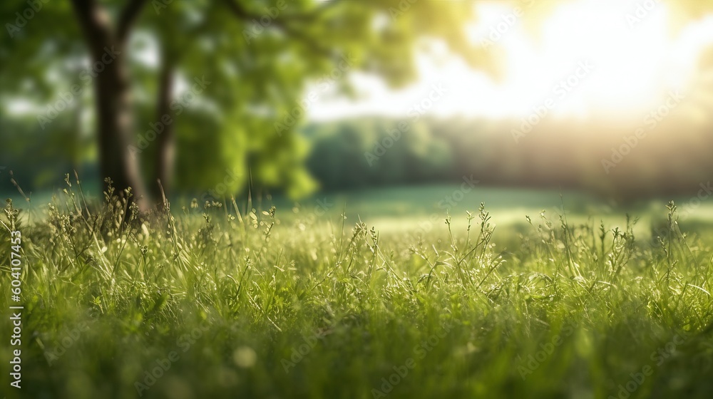 Fototapeta premium Beautiful outdoor field with grass and trees in the sun. Blurred background landscape image of spring nature. Bright gorgeous sunny day. Generative AI.