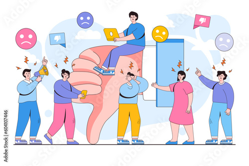 Vector illustrations of negative work with people characters leave bad reviews and thumbs down dislike