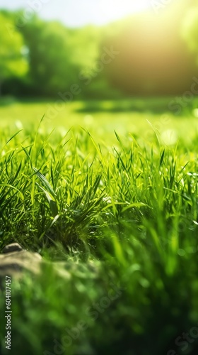 Beautiful outdoor field with grass and trees in the sun. Blurred background landscape image of spring nature. Bright gorgeous sunny day. Generative AI.