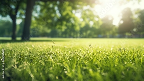 Beautiful outdoor field with grass and trees in the sun. Blurred background landscape image of spring nature. Bright gorgeous sunny day. Generative AI.