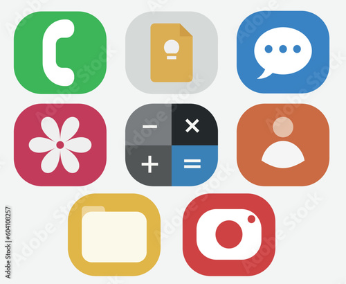 Icons for mobile phone. Logos for documents, calls, photos, contacts, calculator, notes.