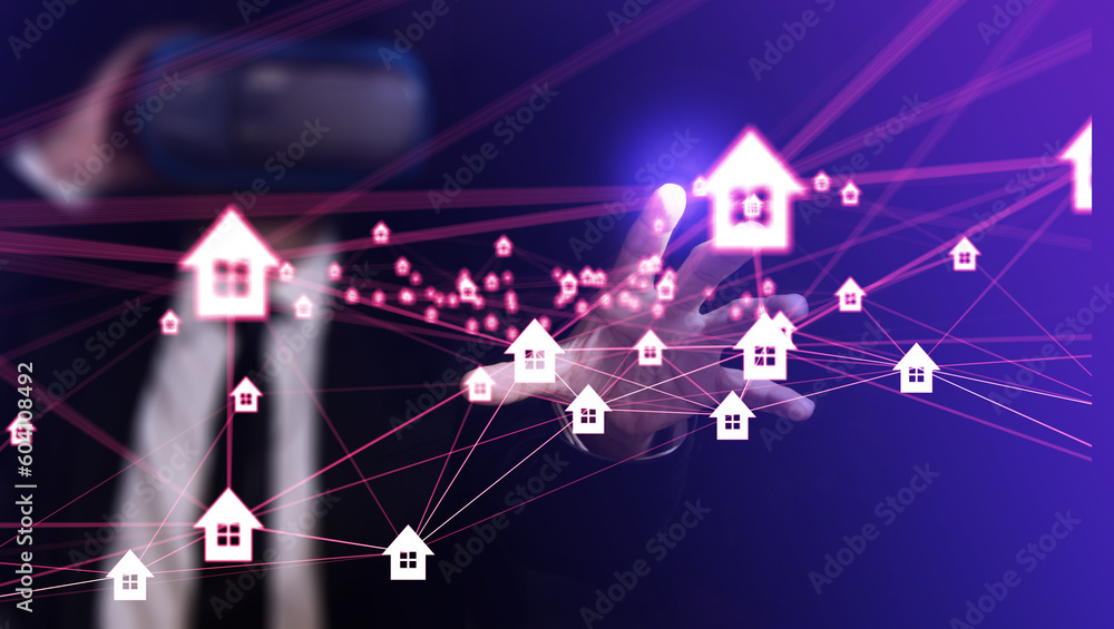 Fototapeta premium uomo d'affari che usa visore realtà virtuale, immobiliare, casa, immobili