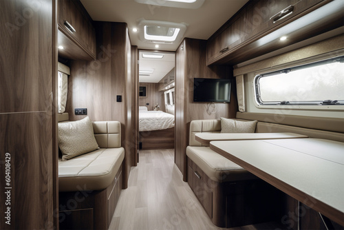 Modern luxury caravan interior.Sunny day.Nobody.Created with generative ai © leo10