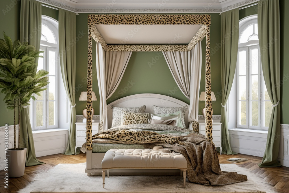Fototapeta premium Modern cozy bedroom, classic interior design with pastel colors and animal leopard print. Super photo realistic background, generative ai illustration