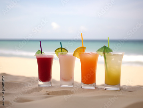 cocktail on sand with tropical beach background created with generative AI