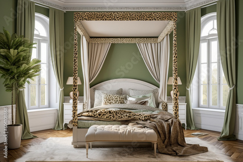 Modern cozy bedroom, classic interior design with pastel colors and animal leopard print. Super photo realistic background, generative ai illustration