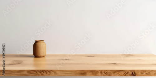 Simple Wooden table template, desk mock-up. White background wall, wooden showcase stage for product. Generative AI professional photo imitation.
