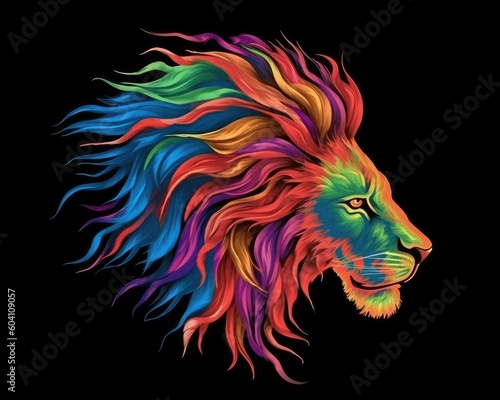An abstract lion head profile with multicolored flame on black. (Generative AI) © HandmadePictures