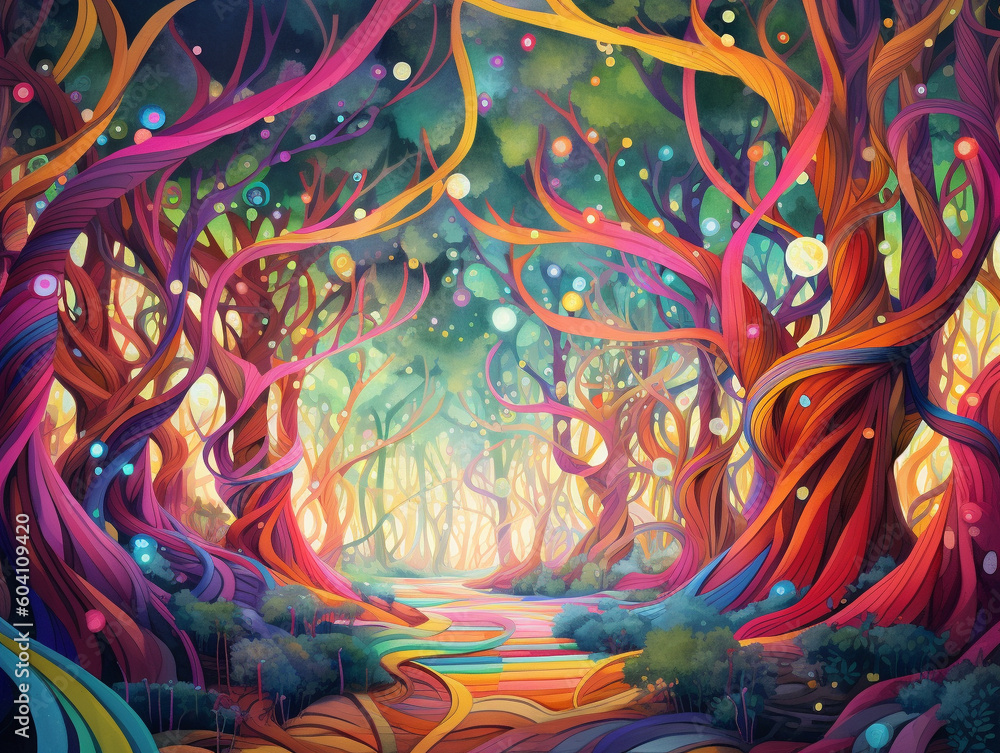 A Surreal Illustration of a Forest with Trees are Made of Colorful Ribbons | Generative AI
