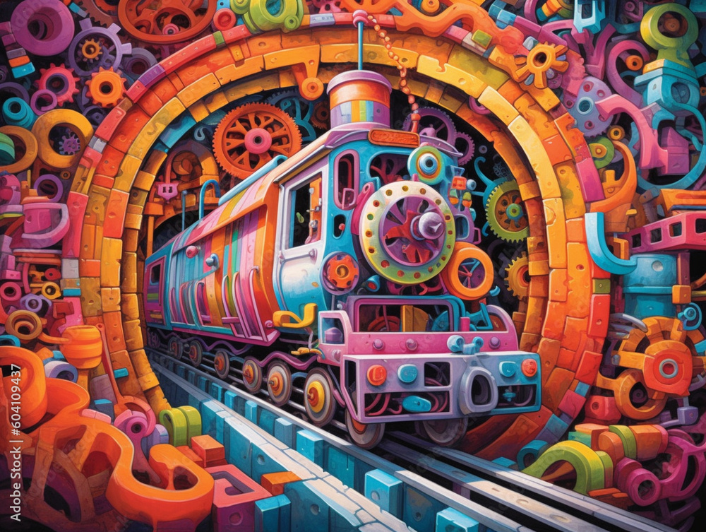 A Surreal Illustration of a Train Traveling through a Tunnel with Colorful Oversized Gears | Generative AI