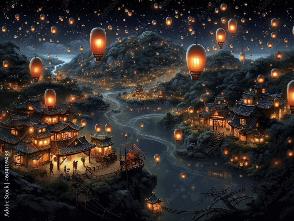 A Surreal Illustration of a Night Sky Filled with Floating Lanterns | Generative AI