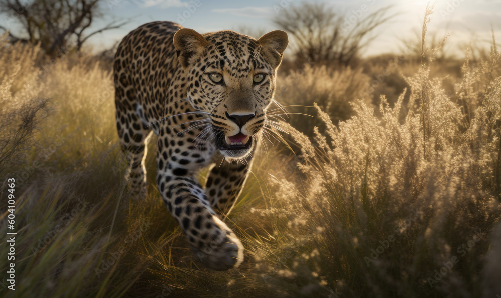 photo of leopard running in tall grass at sunset. Generative AI photo of leopard running in tall grass at sunset. Generative AI