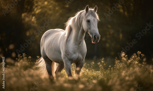 Photo of Lipizzaner, majestically prancing through sun-kissed meadow, with its long, flowing mane & tail catching the gentle breeze showcasing horse's powerful muscles and elegant form. Generative AI © Bartek