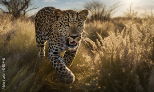 photo of leopard running in tall grass at sunset. Generative AI