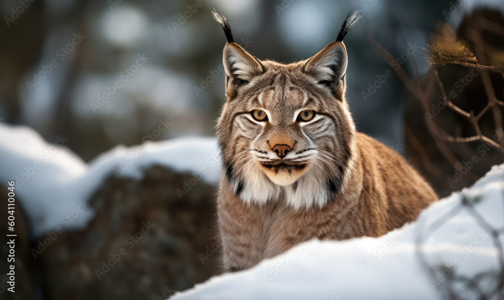 Lynx in the Snow: Photo of lynx, poised and alert on a snow-covered rocky outcropping, with piercing yellow eyes fixed on potential prey. Generative AI Lynx in the Snow: Photo of lynx, poised and alert on a snow-covered rocky outcropping, with piercing yellow eyes fixed on potential prey. Generative AI