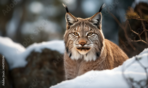 Lynx in the Snow: Photo of lynx, poised and alert on a snow-covered rocky outcropping, with piercing yellow eyes fixed on potential prey. Generative AI © Bartek