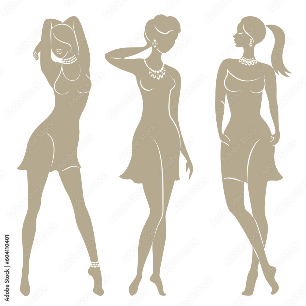 Collection. Silhouette of a woman. The girl is slender and beautiful. Lady is suitable for decor, posters, stickers, logo. Vector illustration set Collection. Silhouette of a woman. The girl is slender and beautiful. Lady is suitable for decor, posters, stickers, logo. Vector illustration set