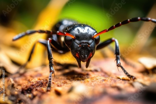 A black ant on the ground in nature, up close. (Generative AI) © HandmadePictures