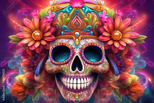 The background has a Mexican skull mask for Cinco de Mayo. (Generative AI)