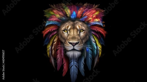 A lion with colored feathers depicted on a black background.  Generative AI 