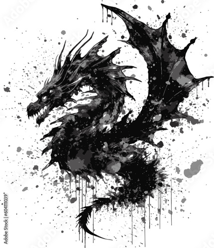 Fearsome Ink Splatter Dragon Vector, Grunge Style