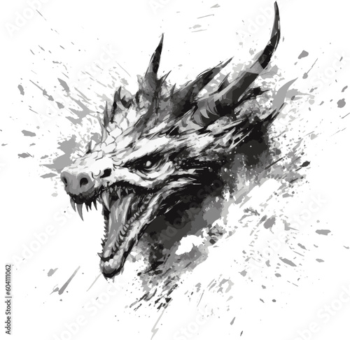 Fotografie Fearsome Ink Splatter Dragon Vector, Grunge Style