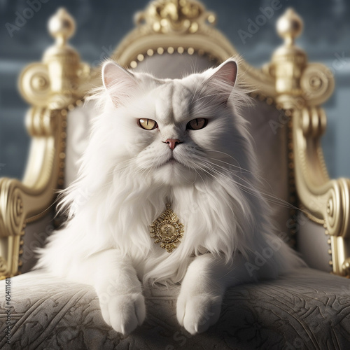 Cute white Cat king animal with crown in the throne chair Generative AI