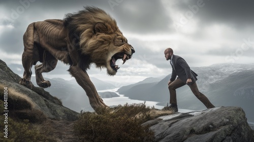 A Brave businessman facing a big lion Generative AI AIG18.