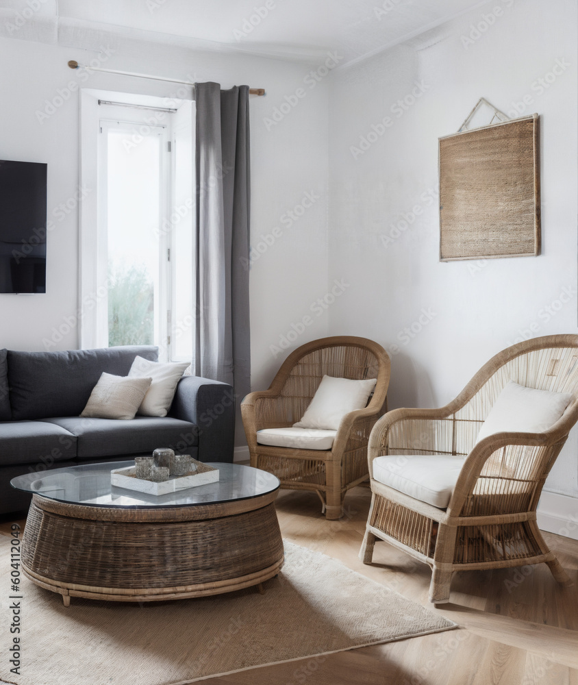 Interior design of a Scandinavian style living room with wicker chair