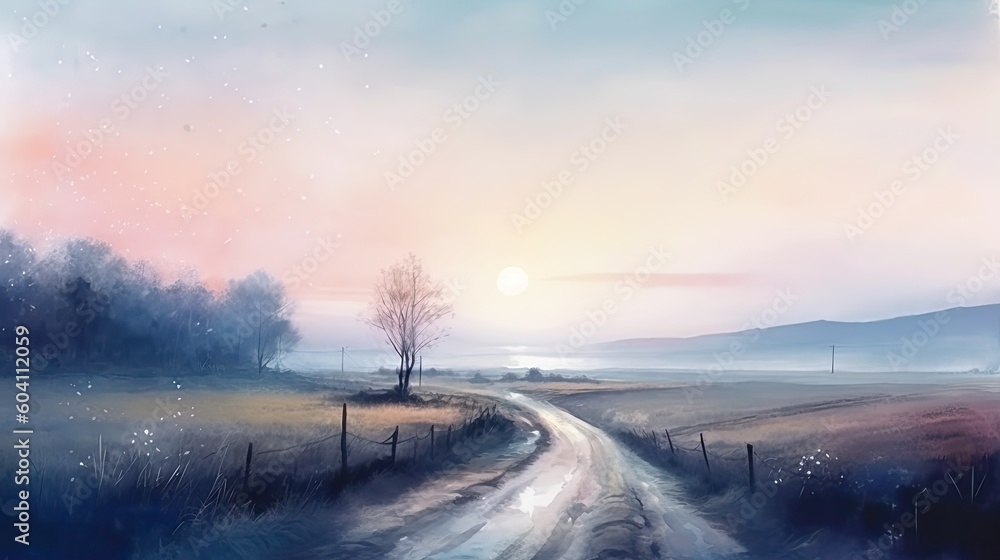 Panoramic view of the empty road through the fields in a fog at twilight. Moonlight, clear sky. Generative AI