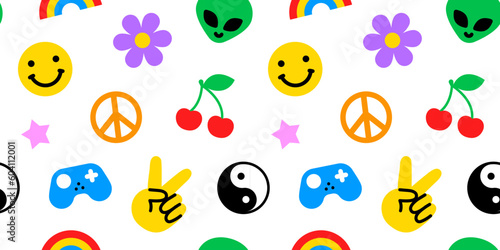 Colorful funny happy face label seamless pattern. Trendy 90s retro sticker cartoon background. Weird comic character texture print, repeatable Y2K wallpaper.