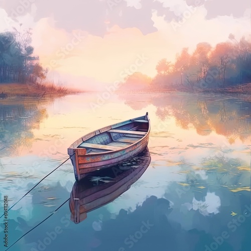 Beautiful view of traditional wooden rowing boat on scenic lake at sunrise. Generative AI photo