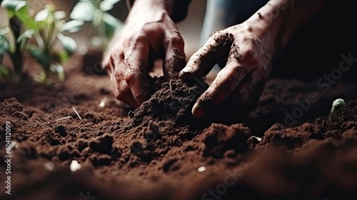 Gardeners hands planting and picking vegetable from backyard garden. Gardener in gloves prepares the soil for seedling. Generative AI