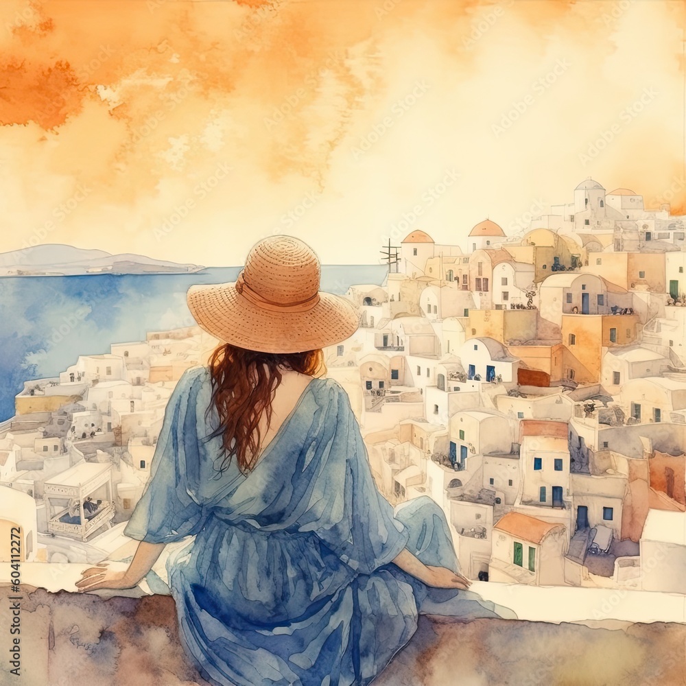 Young woman wearing hat, looking at beautiful view of Santorini and enjoying sunset. Generative AI