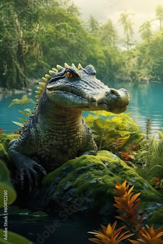 Alligator in nature at mountain valley. Generative AI © tanyastock