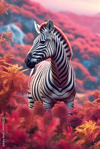 Zebra in nature at mountain valley. Generative AI